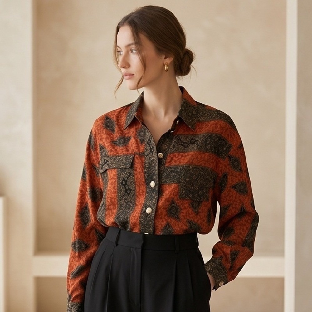 Oleg Cassini 12 Vintage 80s 90s Rayon Paisley Abstract Print Blouse Burnt Orange